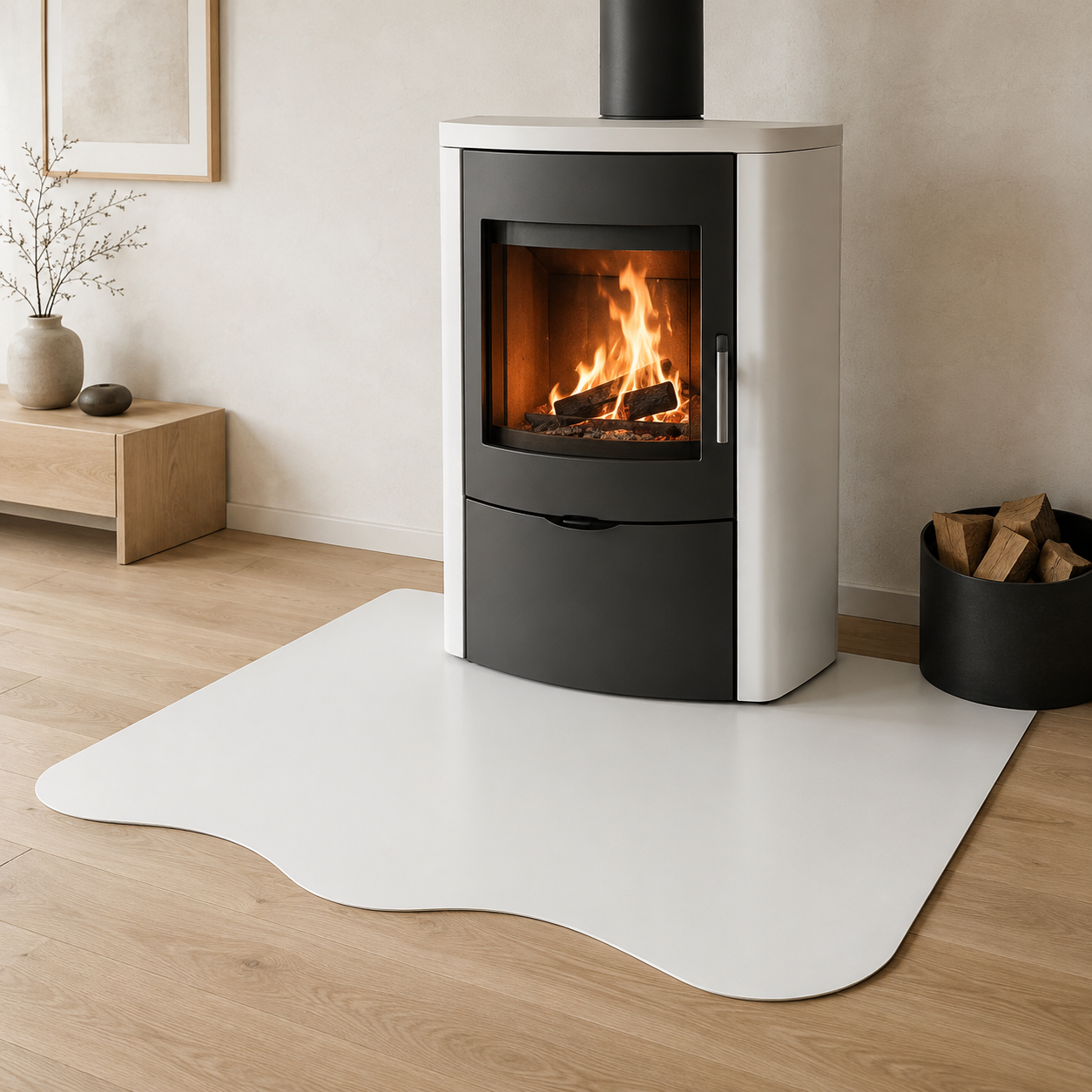 Design-Funkenschutzplatte mit organischer Kontur in einem hellen Wohnraum