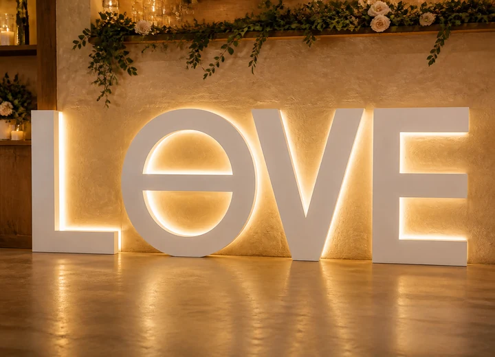LOVE / LIEBE Großbuchstaben beleuchtet – Beispielbild für individuell gefertigten Metallzuschnitt