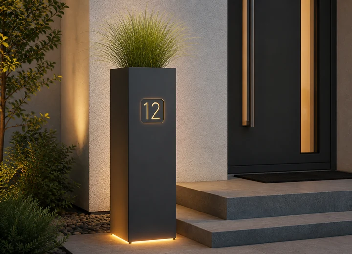 Pflanzsäule mit Hausnummer & LED – Beispielbild für individuell gefertigten Metallzuschnitt