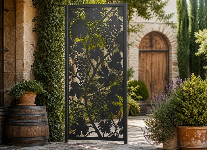 Design-Sichtschutz Weinrebe – Beispielbild für individuell gefertigten Metallzuschnitt