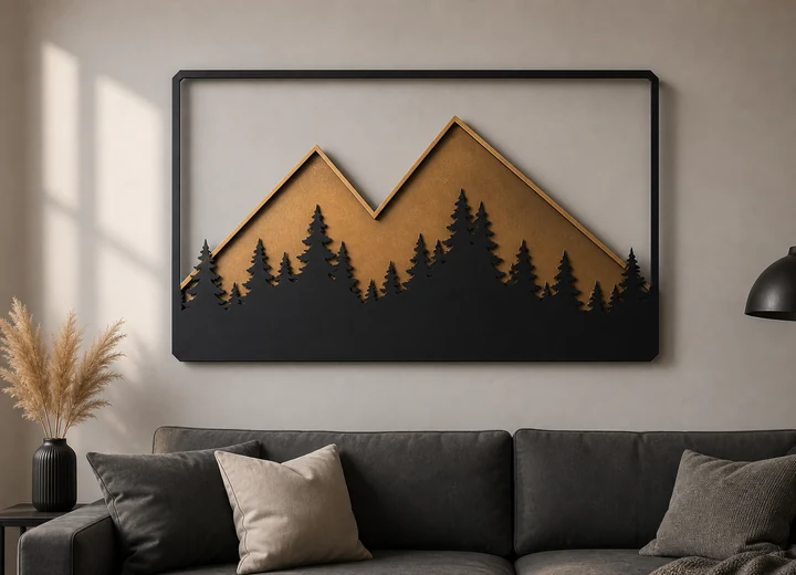 3D-Wandbild Berge & Wald – Beispielbild für individuell gefertigten Metallzuschnitt